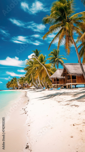Bungalows of tropical beach with white sand  palm trees and turquoise waters.
