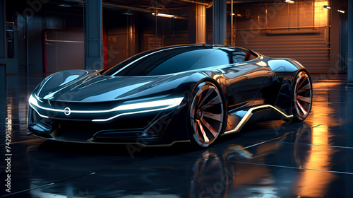 Futuristic Eco-Friendly Supercar Bathed in Neon Lights created with Generative AI technology