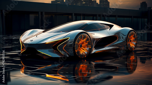 Futuristic Eco-Friendly Supercar Bathed in Neon Lights created with Generative AI technology