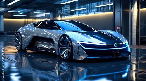 Futuristic Eco-Friendly Supercar Bathed in Neon Lights created with Generative AI technology