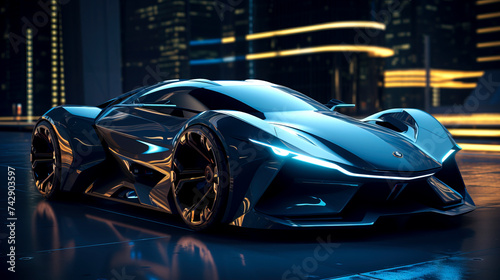 Futuristic Eco-Friendly Supercar Bathed in Neon Lights created with Generative AI technology © Fernando Cortés