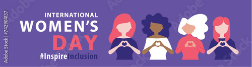 International Women s Day. Diverse women with heart-shaped hands stand together. Campaign 2024 inspireinclusion