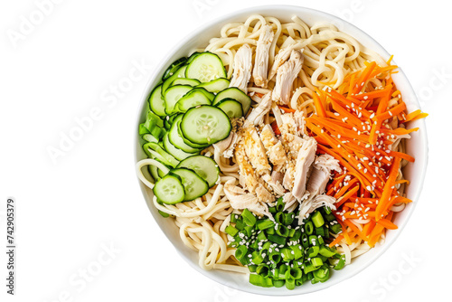 top view of Chinese cold noodle salad with chilled noodles, shredded chicken, cucumber, carrots, and a sesame dressing.