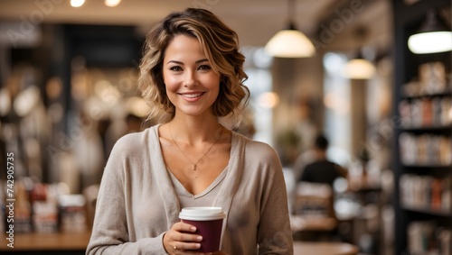 A woman with a warm smile, holding a cup of coffee, with a cozy bookstore interior blurred in the background, conveying comfort and simplicity . generative AI