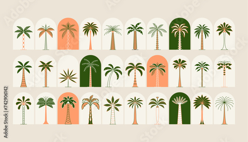 Palm tree arch frame thin line icon abstract design summer logo template modern minimal linear emblem for vacations rentals and travel services. Vector illustration