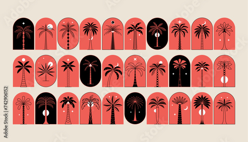 Palm tree arch frame thin line icon abstract design summer logo template modern minimal linear emblem for vacations rentals and travel services. Vector illustration