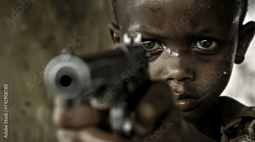 A child with a weapon in his hands protects his family. Warfare, fear, social problems photo