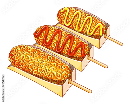 Crispy ramen korean corn dog illustration vector. Korean style ramen noodles corn dog menu. Korean street food corn dog recipe. Crunchy ramen noodle korean hot dog. Hot dog and ramen noodle on stick.
