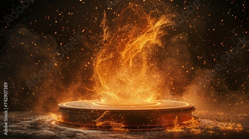A fiery energy burst erupts from a futuristic platform, symbolizing dynamic power and the unleashing of creative force.