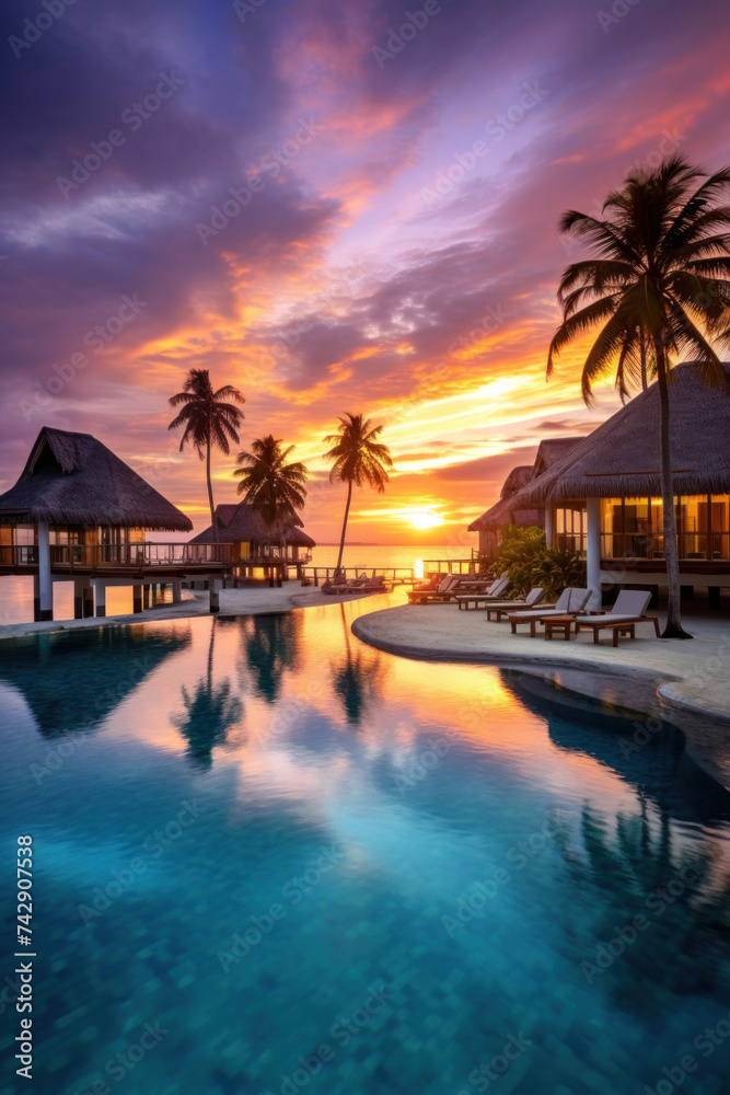 Maldives at a resort on the island at sunset.