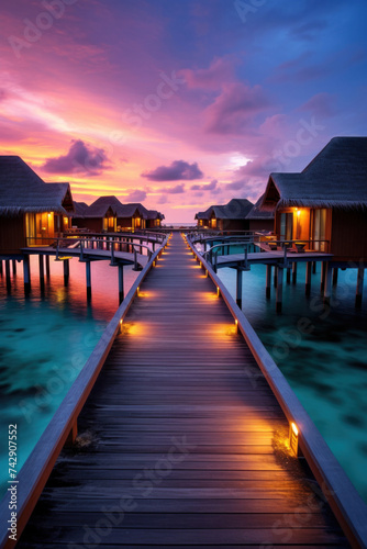 Maldives at a resort on the island at sunset.