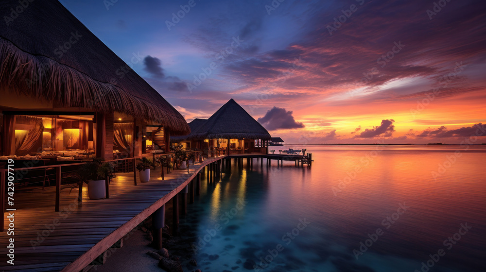 Maldives at a resort on the island at sunset. - obrazy, fototapety, plakaty 