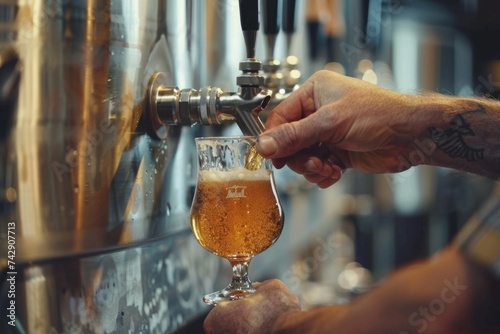 Macro shot of man pouring beer into glass from tap at brewery