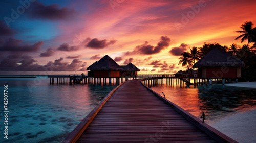 Maldives at a resort on the island at sunset. © Wararat