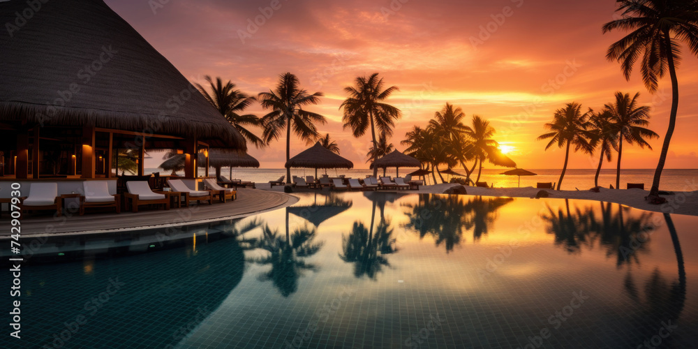 Maldives at a resort on the island at sunset. - obrazy, fototapety, plakaty 