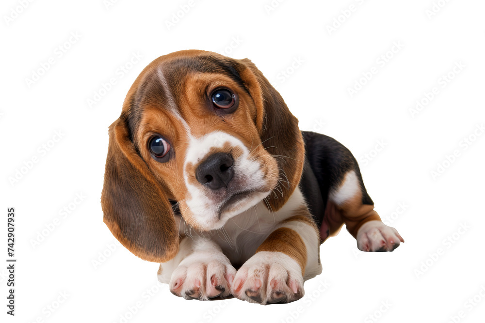 Beagle and beagle puppy sitting on a white background, cute and adorable, with brown and white fur, isolated in a studio portrait