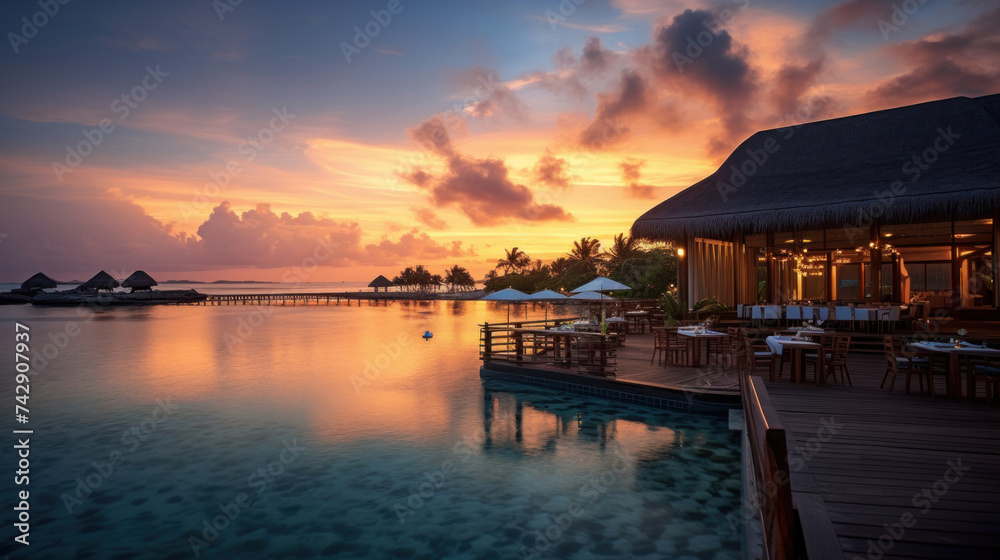 Maldives at a resort on the island at sunset.