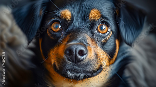 Intense Close-Up Of A Black And Tan Dog With Piercing Brown Eyes And A Shiny Coat.