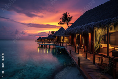 Maldives at a resort on the island at sunset.