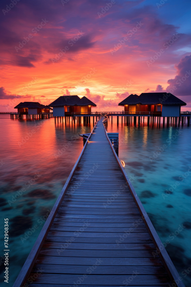 Obraz premium Maldives at a resort on the island at sunset.