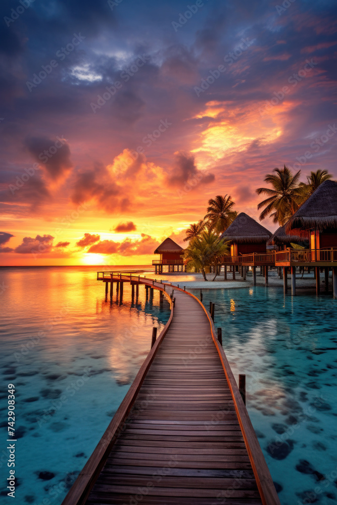 Maldives at a resort on the island at sunset.