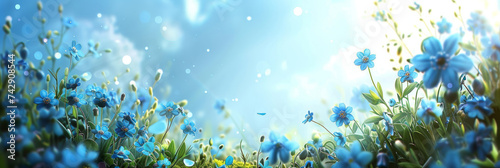 A panoramic spring background is formed as forget-me-not flowers bloom in a meadow under the sunny light photo