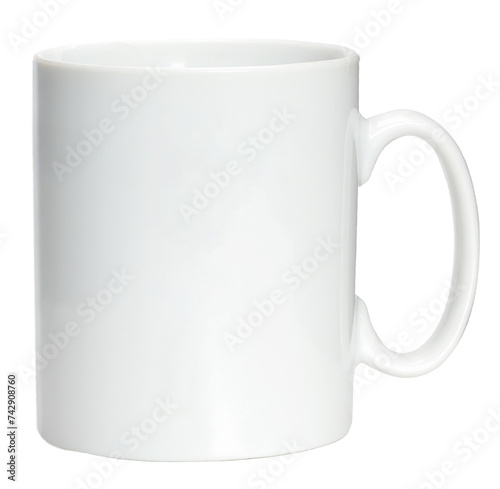 Blank White ceramic mug side view Isolated on a white for hot coffee mug or tea template design.