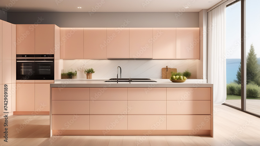 Fototapeta premium Peach modern kitchen interior with big table, big kitchen in modern house