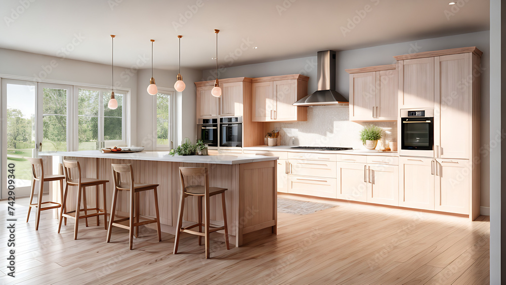 Wooden peach modern kitchen interior with big table, big kitchen in modern house Wooden peach modern kitchen interior with big table, big kitchen in modern house