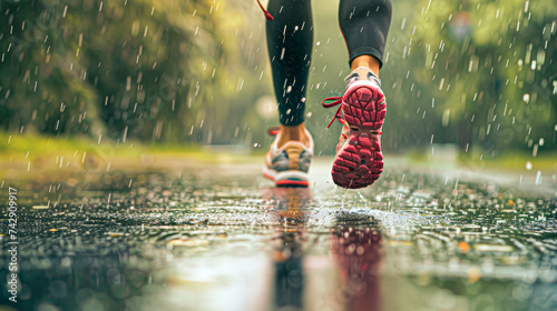 Dynamic close-up of a runner's shoes splashing on a wet path, capturing the essence of jogging in the rain.