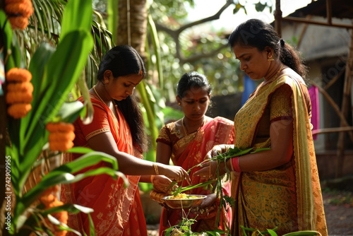 Family performing the traditional Gudi Padwa morning rituals, including the hoisting of the Gudi flag, prayers, and offering of neem leaves.
