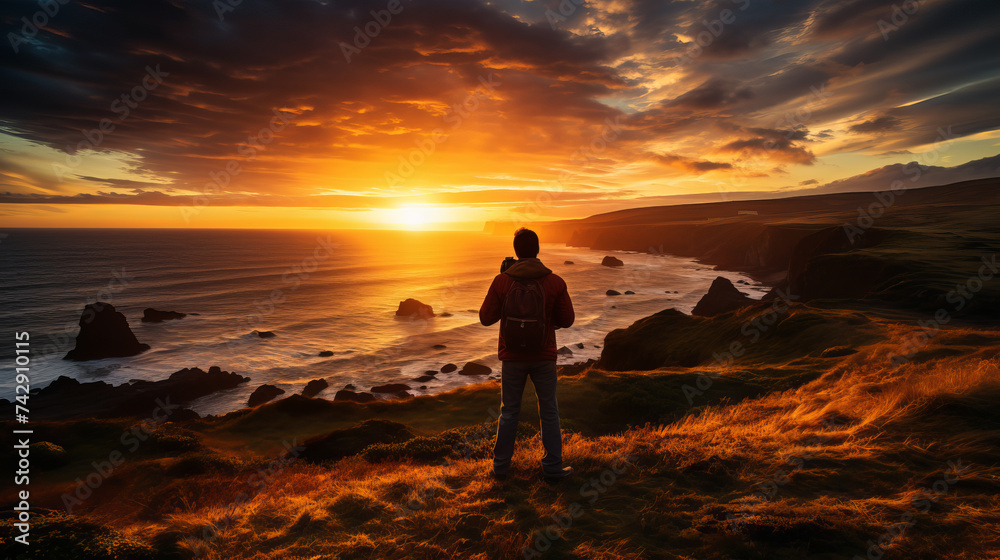 Young man watching a beautiful sunset on the coast Young man watching a beautiful sunset on the coast