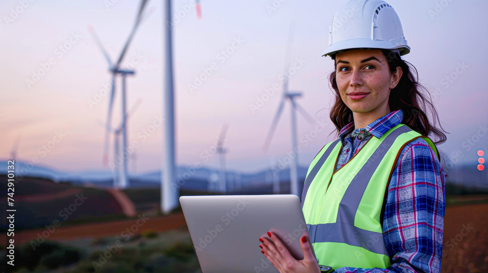 Confident female engineer with a tablet stands before wind turbines at sunset, representing renewable energy innovation. Confident female engineer with a tablet stands before wind turbines at sunset, representing renewable energy innovation.