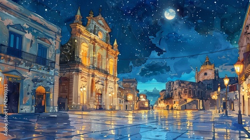 The resplendent San Giorgio Cathedral in Modica, Ragusa, Sicily, Italy, Europe, its elegant facade illuminated by the warm glow of street lamps and moonlight photo
