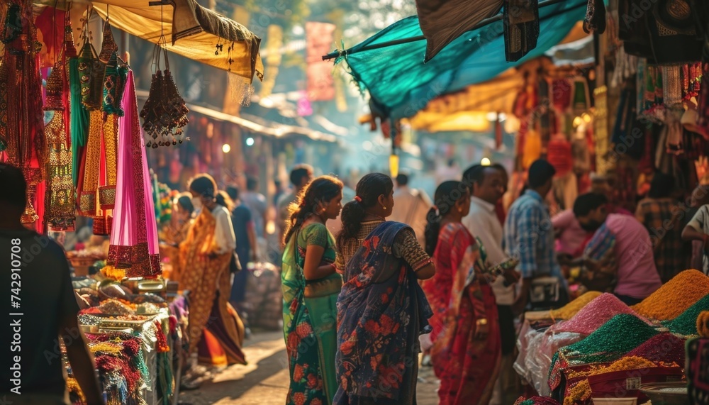 Bustling Indian Marketplace with Colorful Textiles - obrazy, fototapety, plakaty 