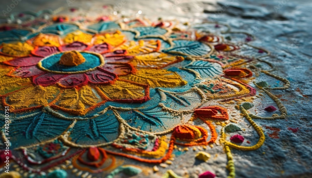 Artistic rangoli creation with colorful sands.