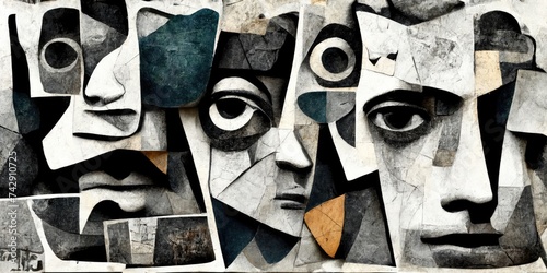 Generative AI, Faces collage abstract background, wallpaper illustration, black and white, dramatic mood