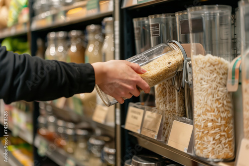 A person's hand is shown selecting a glass bottle filled with white rice from a modern bulk dispenser in a grocery store. This zero-waste shopping option highlights sustainable practices. photo
