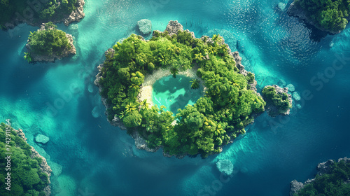 Small dense island in the middle of the blue ocean. Top View