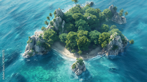Small dense island in the middle of the blue ocean. Top View