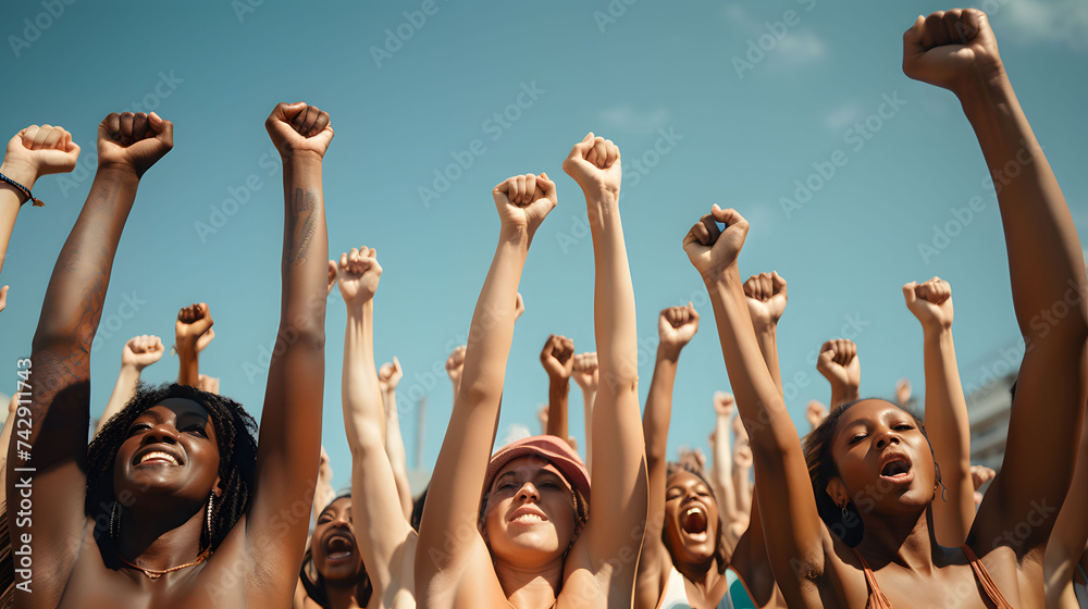 Arms raised in protest - obrazy, fototapety, plakaty 