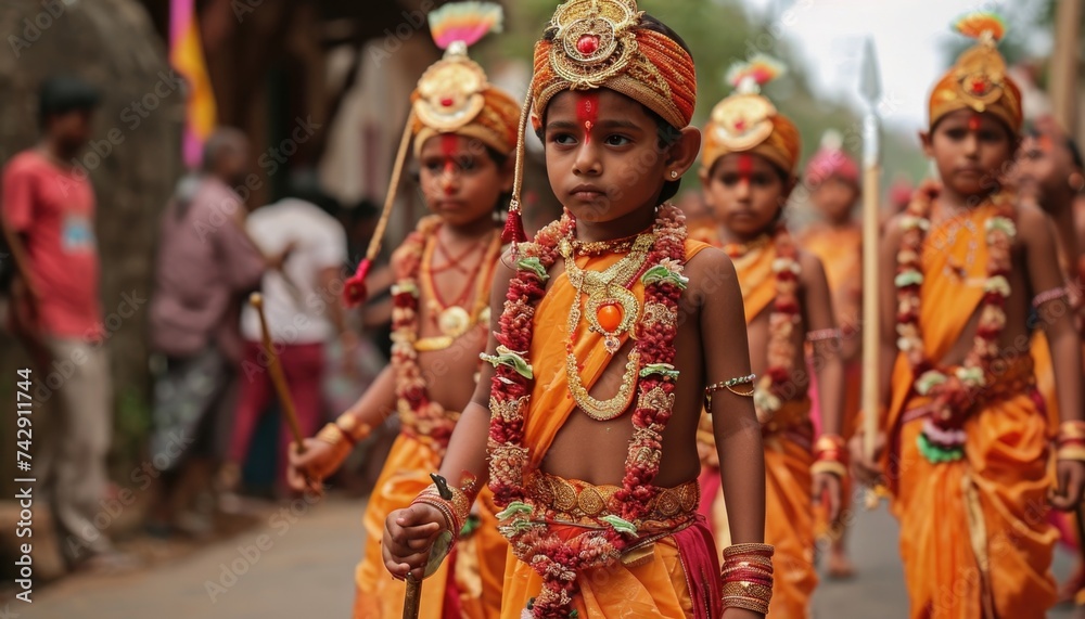Child dressed as Hindu god in procession.