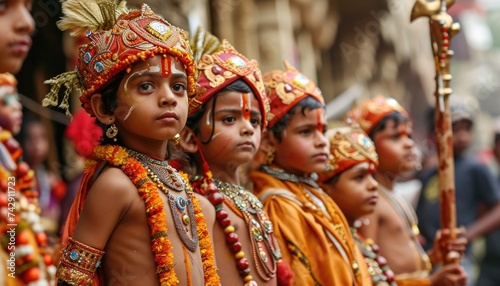 Child dressed as Hindu god in procession.