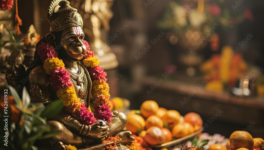 Hindu God Hanuman Statue with Offerings