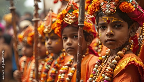 Child dressed as Hindu god in procession.