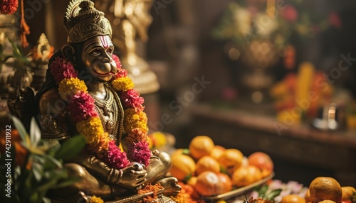 Hanuman idol decorated with vibrant flower garlands and surrounded by offerings of fruits in a Hindu temple, symbolizing devotion, spirituality, religious rituals, and traditional Indian worship