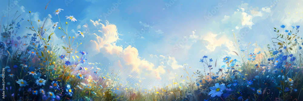 Forget-me-not flowers bloom in a meadow under sunny light, creating a vibrant panoramic spring background Forget-me-not flowers bloom in a meadow under sunny light, creating a vibrant panoramic spring background