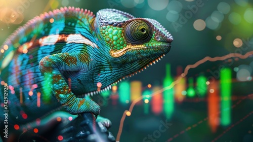 A chameleon blending into a digital currency graph showcasing adaptability in the crypto market