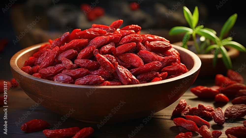 Dried goji berries in a bowl on a dark wooden background Dried goji berries in a bowl on a dark wooden background