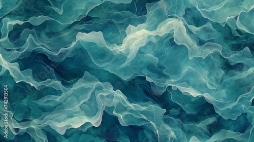 An immersive, seamless pattern capturing the essence of the ocean's depths, with layered blues and greens creating a sense of movement and texture, reminiscent of watercolor on rough paper. 8k